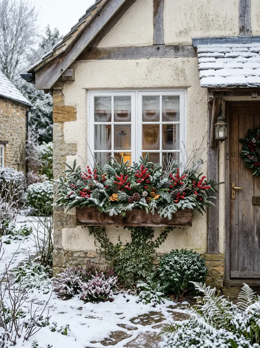 Handmade paper snowflakes hanging in a winter window