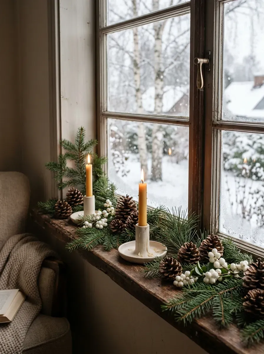 Winter windowsill decorated with pinecones evergreen branches and candles