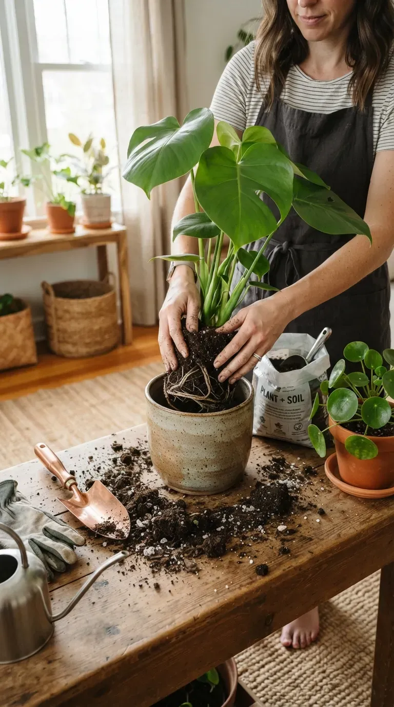 Indoor gardener repotting a houseplant into a larger ceramic pot with fresh potting soil.
