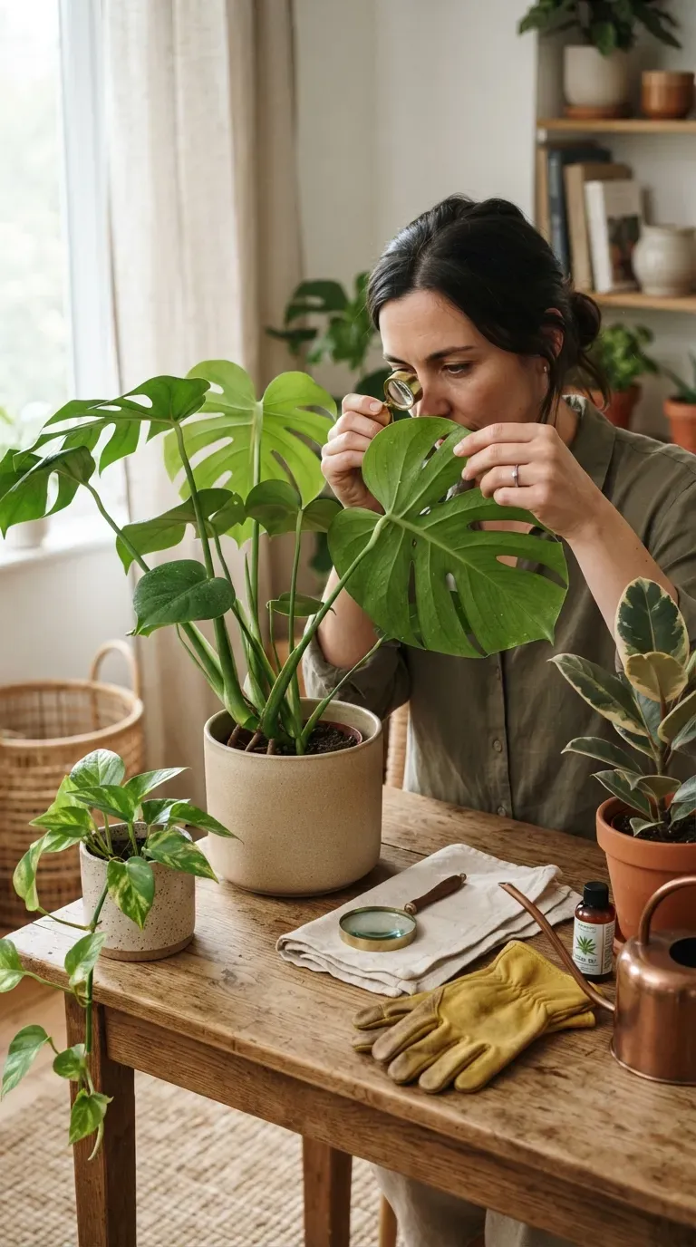 Healthy potted houseplants arranged near a window and being rotated for even growth.