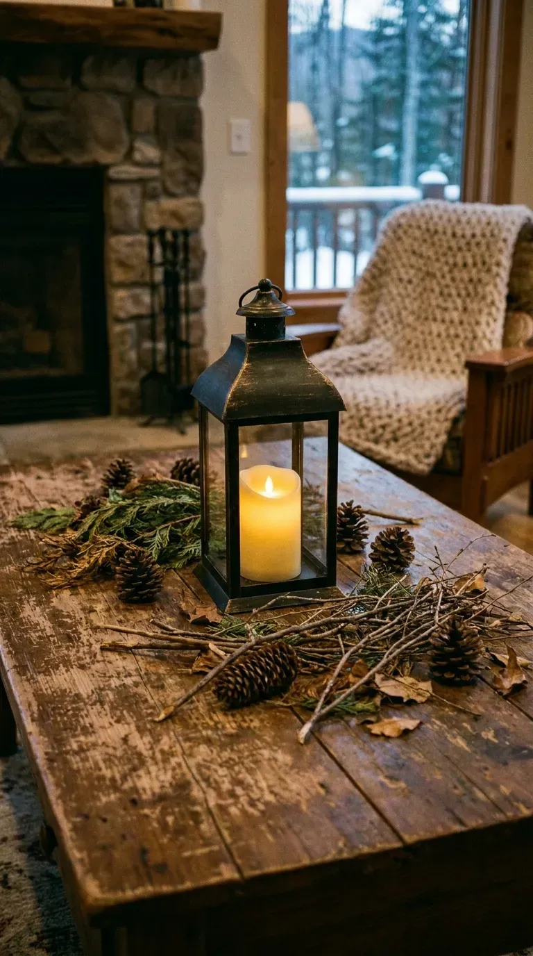 Rustic lantern decorated with pinecones and evergreen branches