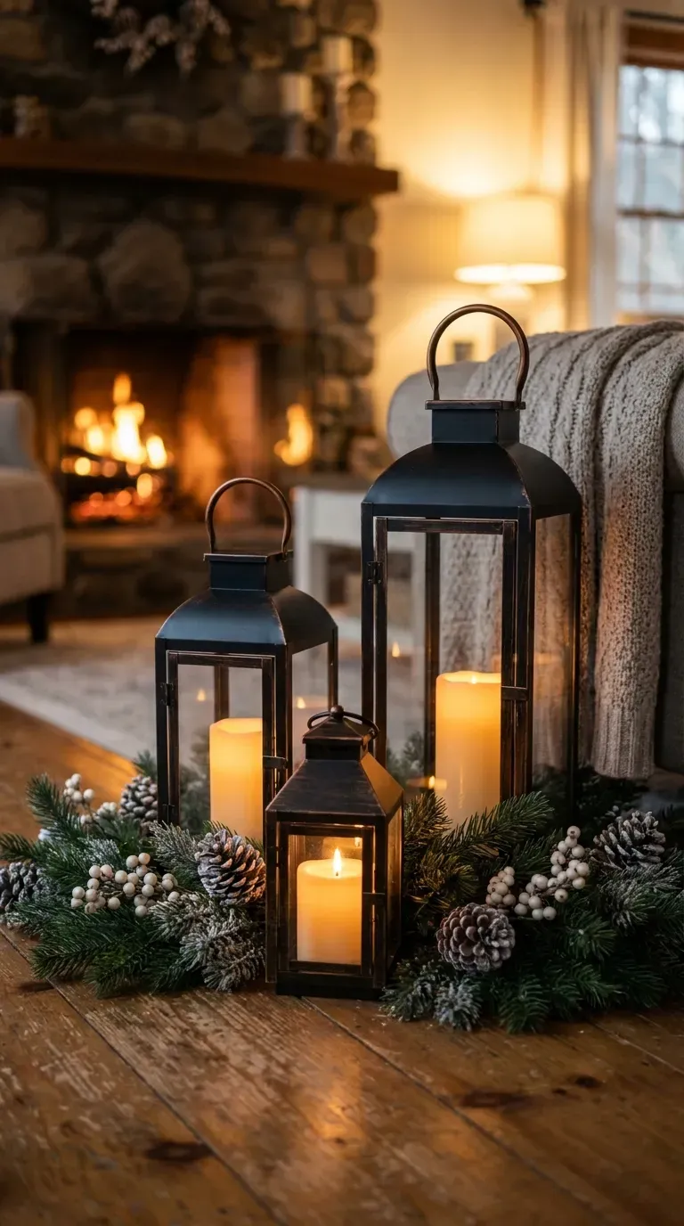 Group of lanterns in different sizes creating a cozy winter display