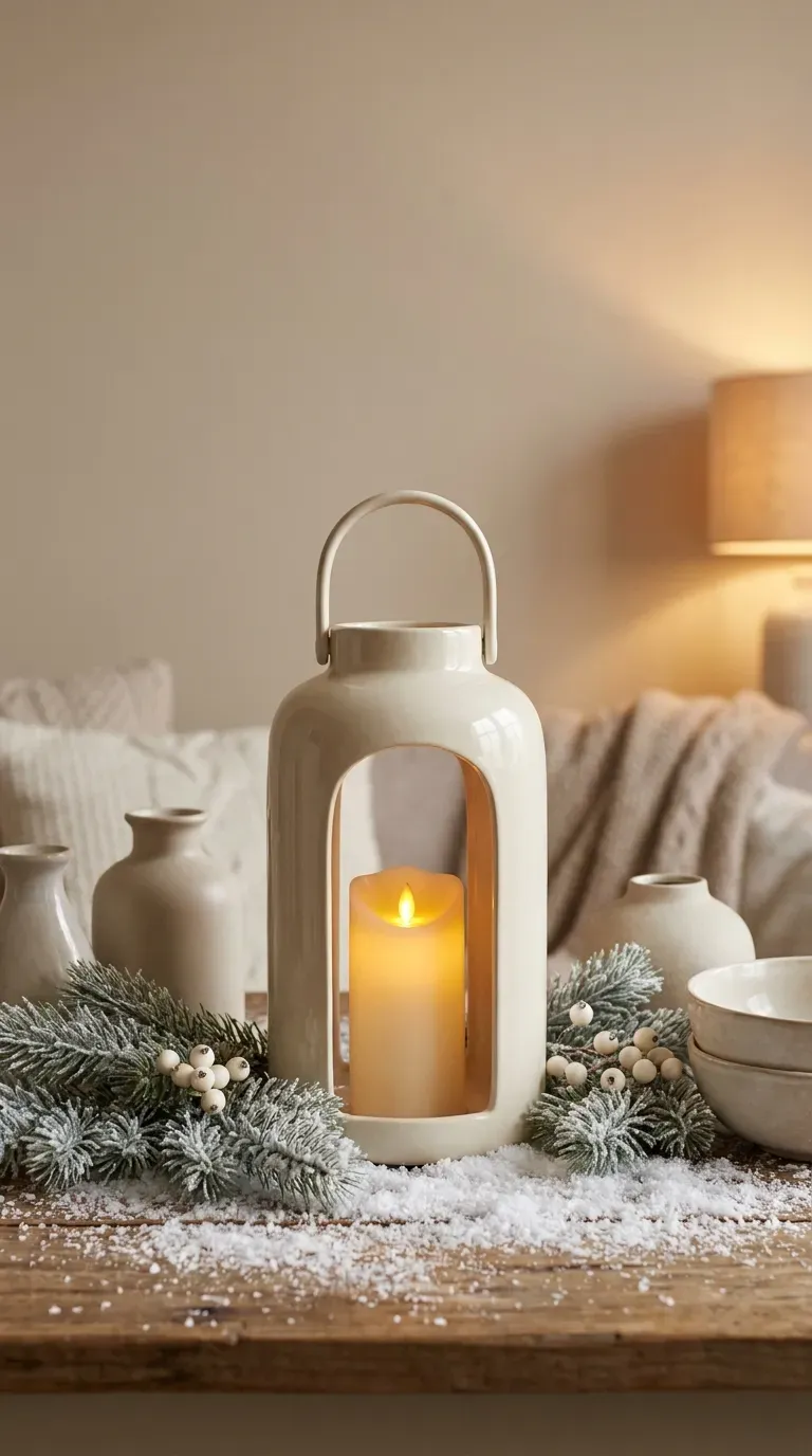 White winter lantern with snowy branches and warm candle