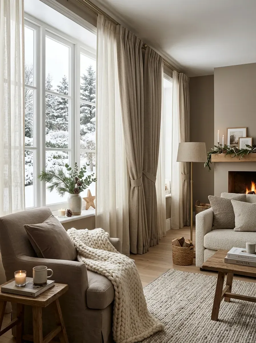Living room window with layered cream curtains and cozy winter decor