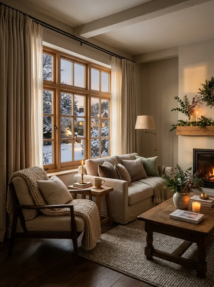 Warm winter living room with thick thermal curtains around a large window