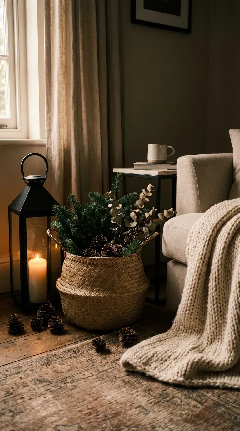 Cozy corner decorated with lantern and winter greenery