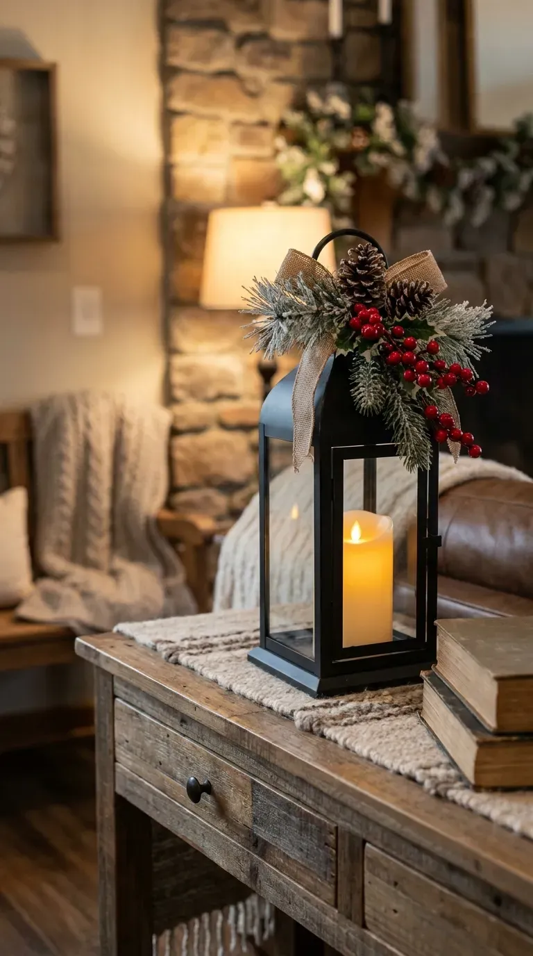 Black lantern decorated with evergreen branches and red winter berries