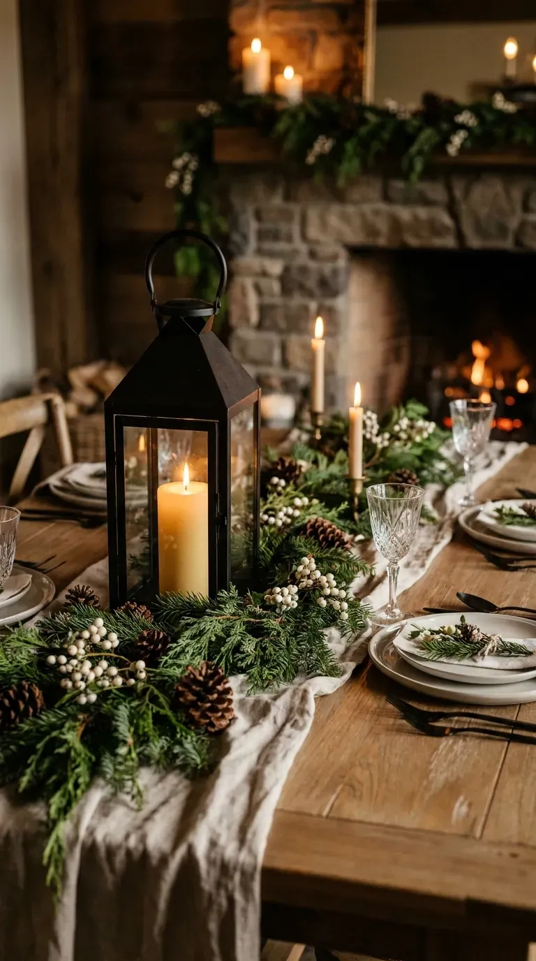 Winter lantern centerpiece surrounded by greenery on dining table