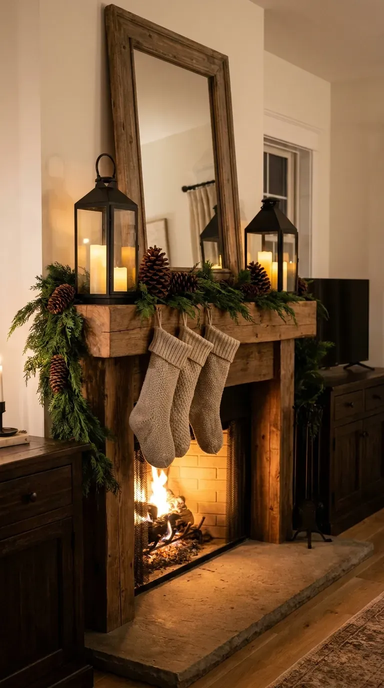 Two decorative lanterns arranged on a winter fireplace mantel