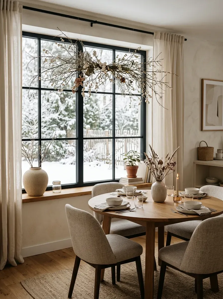 Outdoor window box filled with winter greenery and pinecones