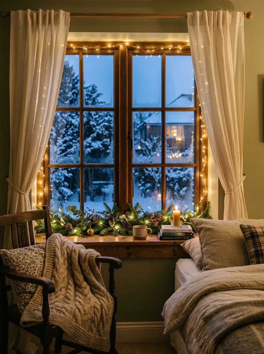 Window decorated with warm white fairy lights for winter