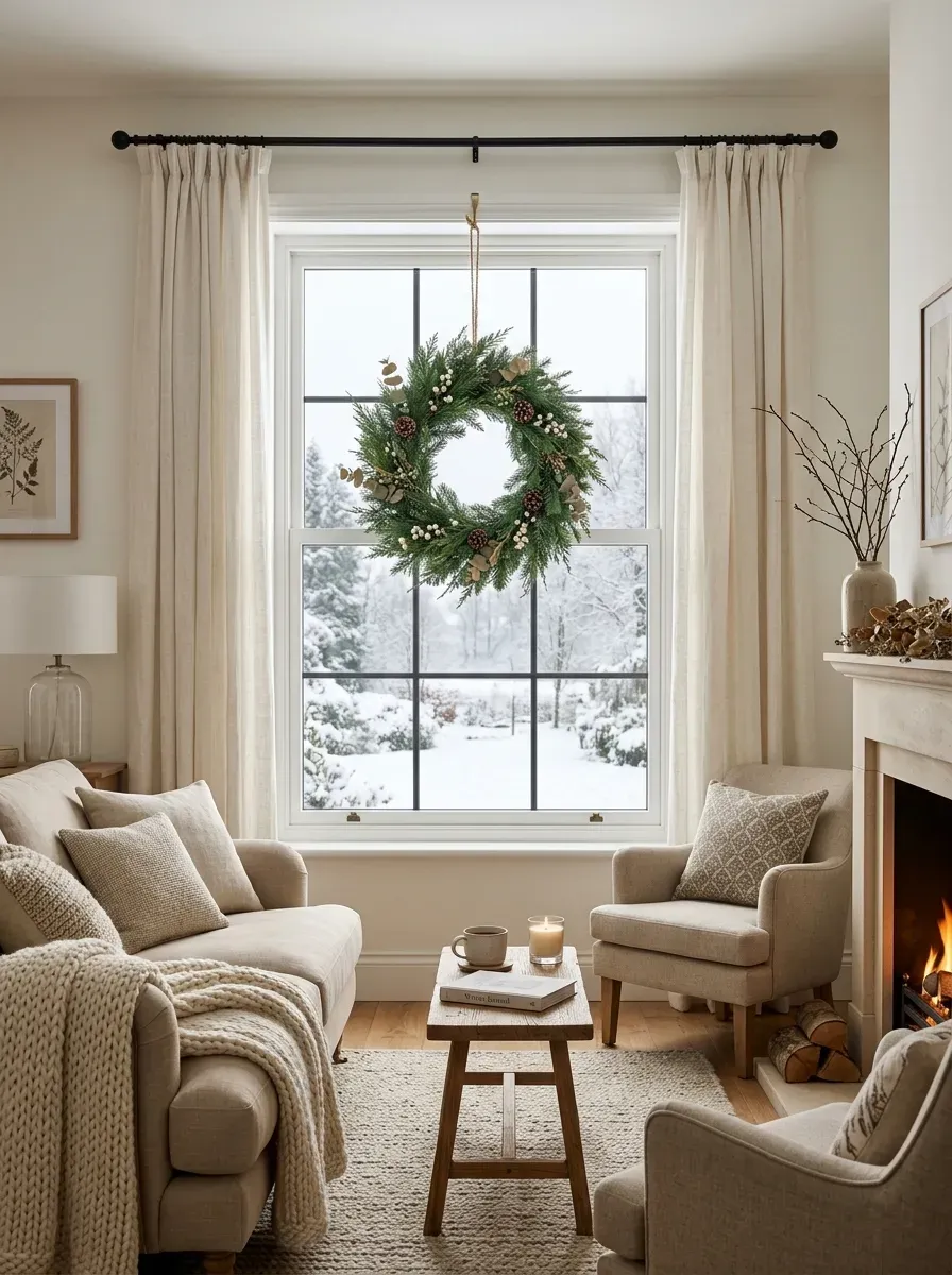 Simple evergreen winter wreath hanging in a large window